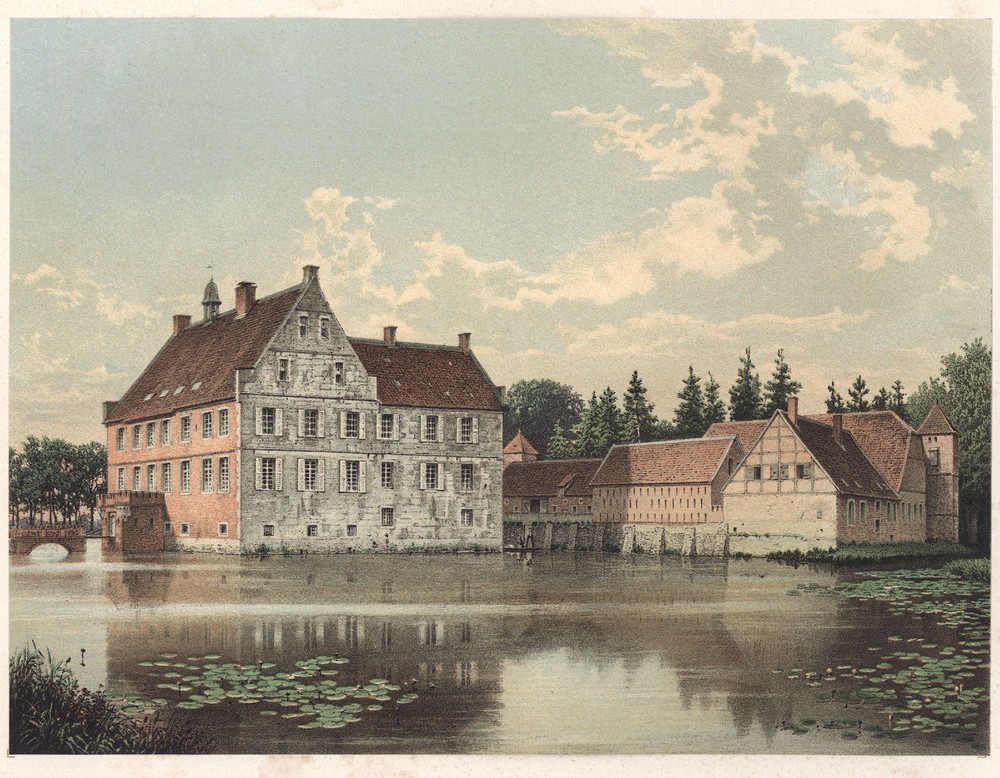 Bild 9: Burg Hülshoff, Farblithographie, Atelier Winckelmann und Söhne, um 1867/68, © LWL-DLBW