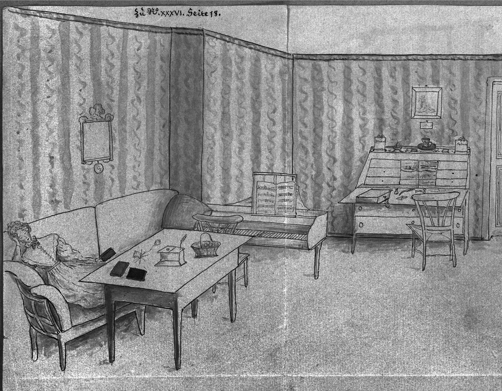 Bild 3: Rüschhaus, Arbeitszimmer, Annette von Droste-Hülshoff, Feder- und Bleistiftzeichnung auf Papier, aquarelliert, um 1830 © LWL-DLBW